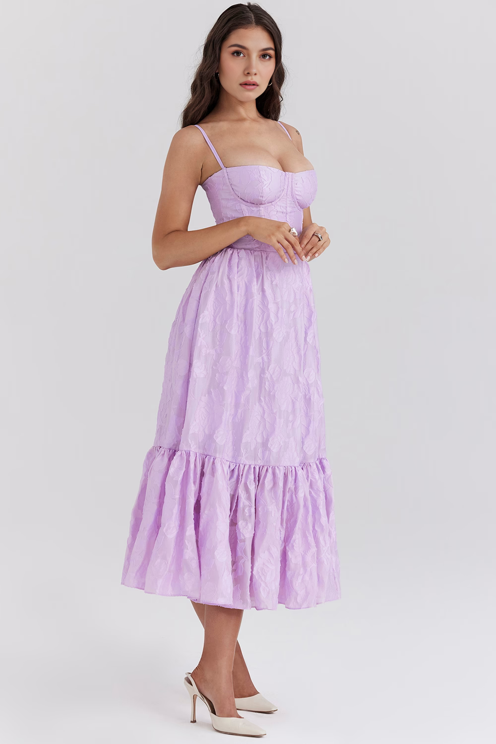 Askılı Bustier Yaka Volanlı Elbise – Lila