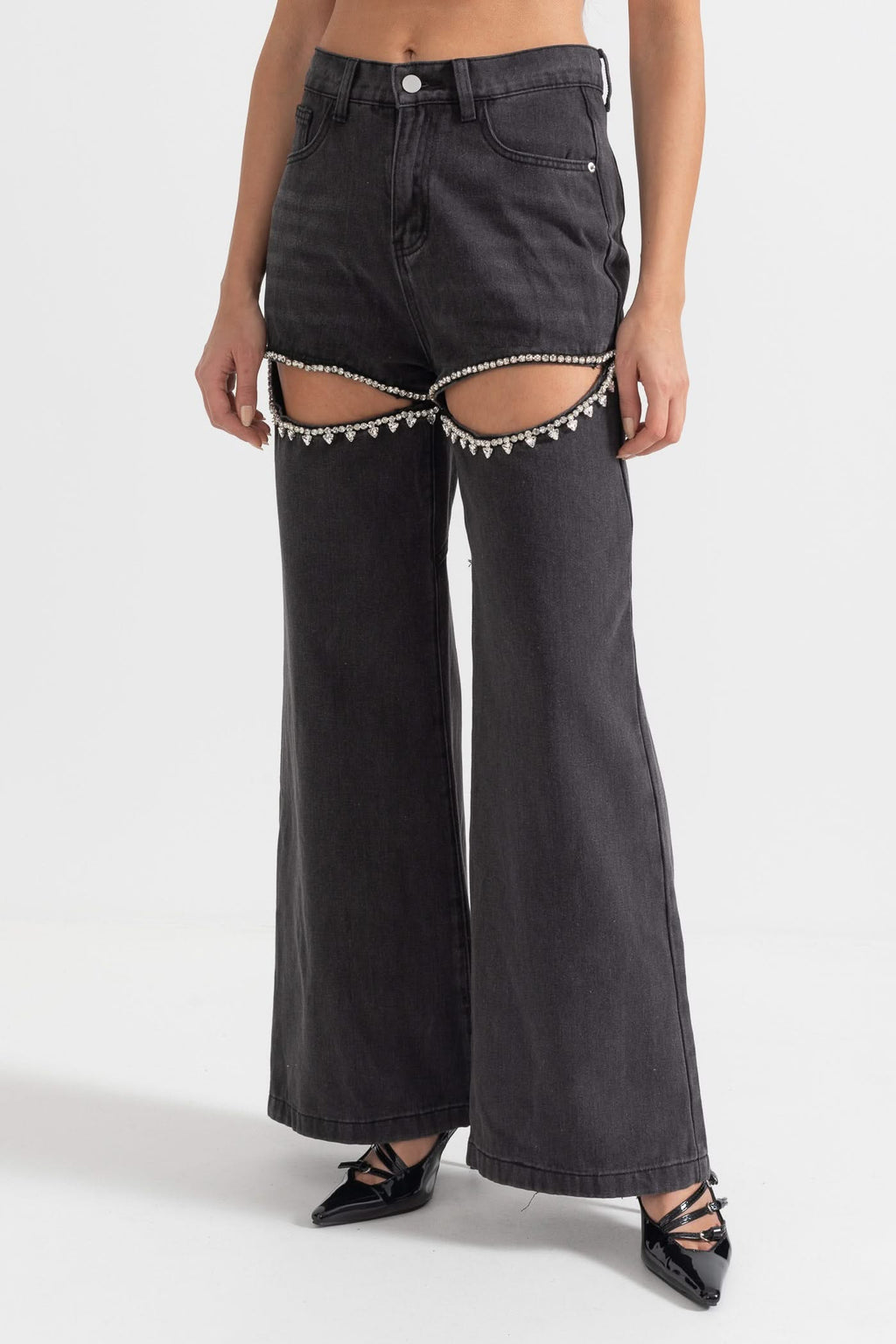 Uyluk Kesimli Yüksek Bel Kot Pantolon - Siyah