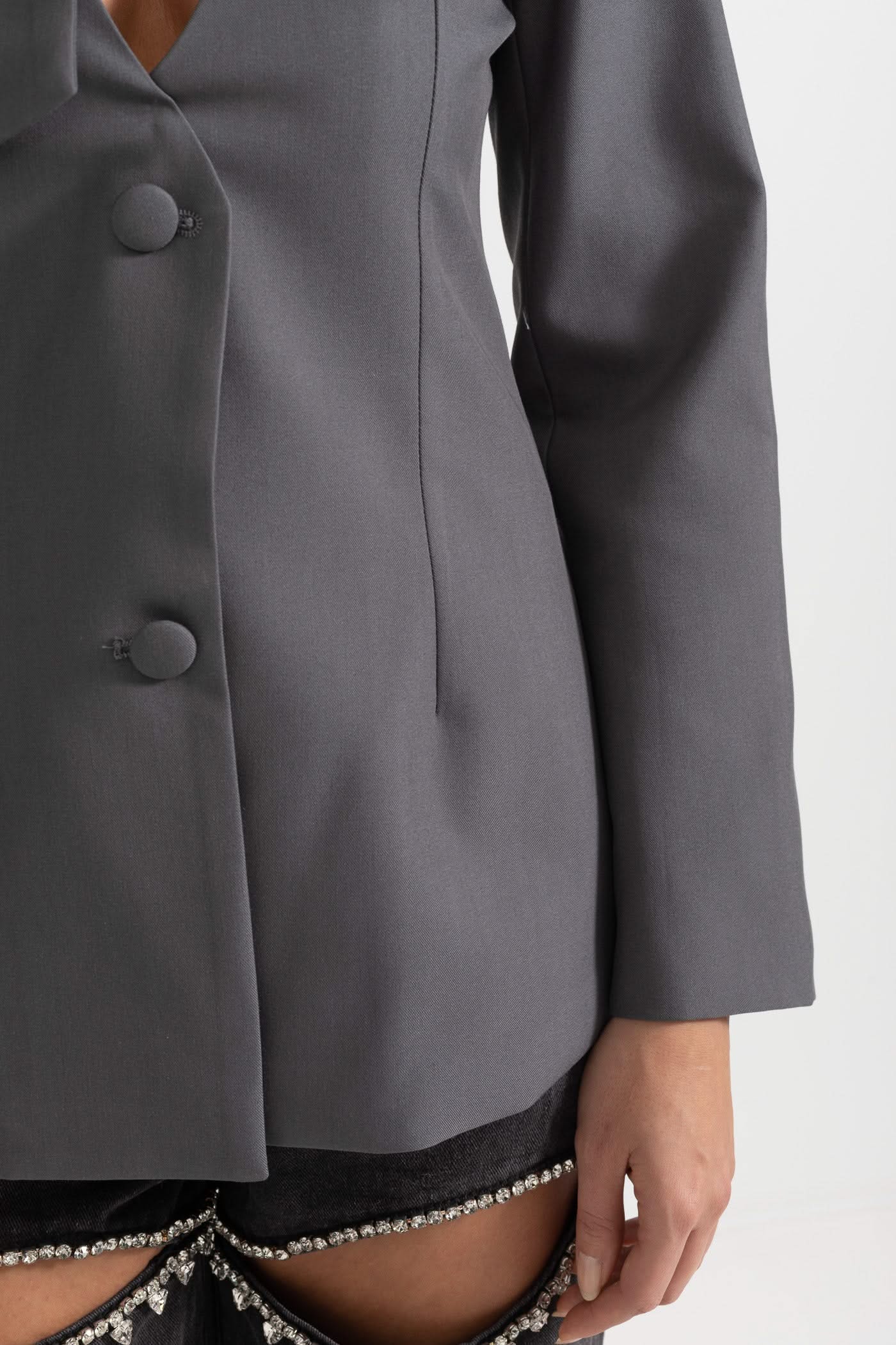 Yaka Fiyonklu Özel Dikim Blazer - Gri