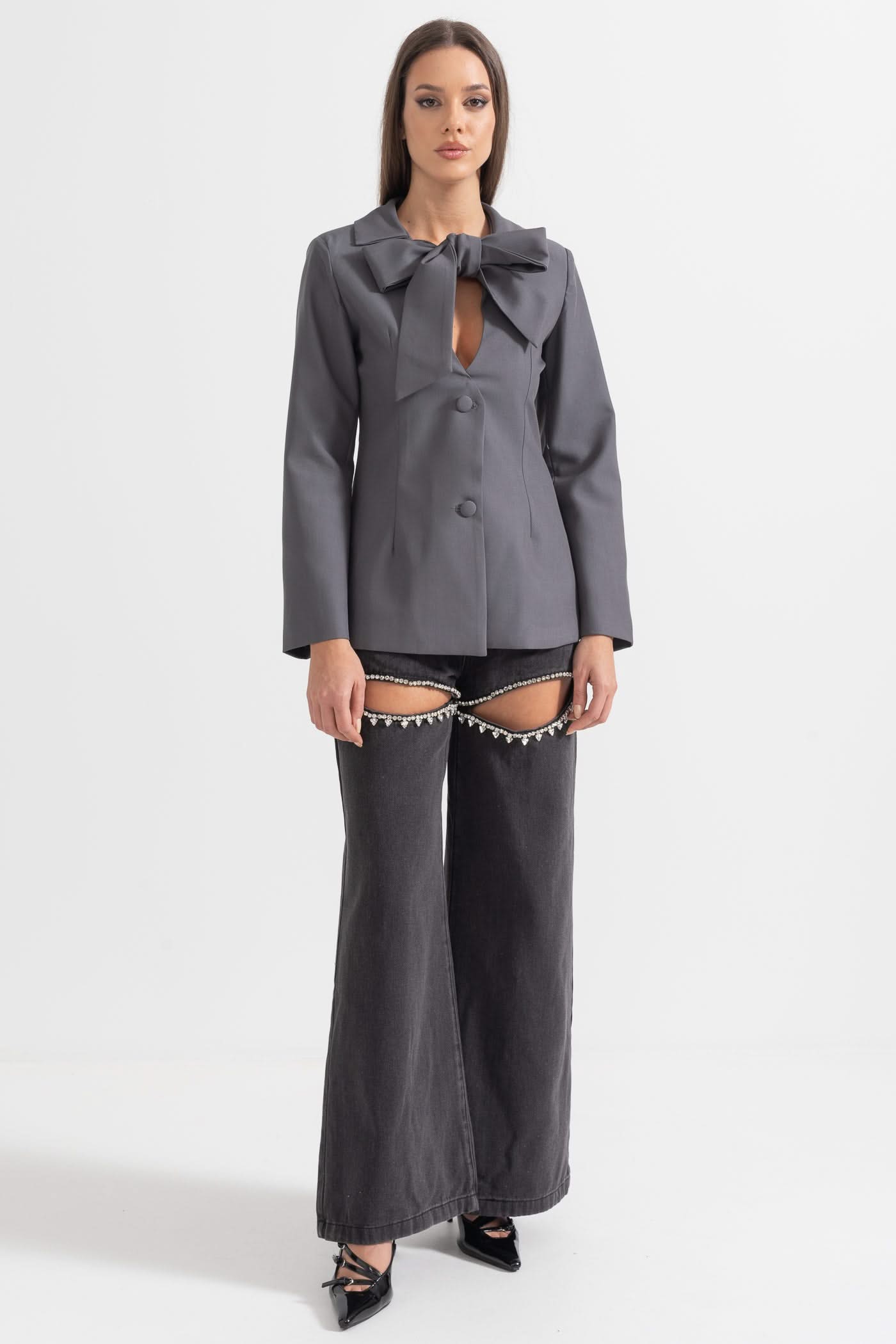 Yaka Fiyonklu Özel Dikim Blazer - Gri