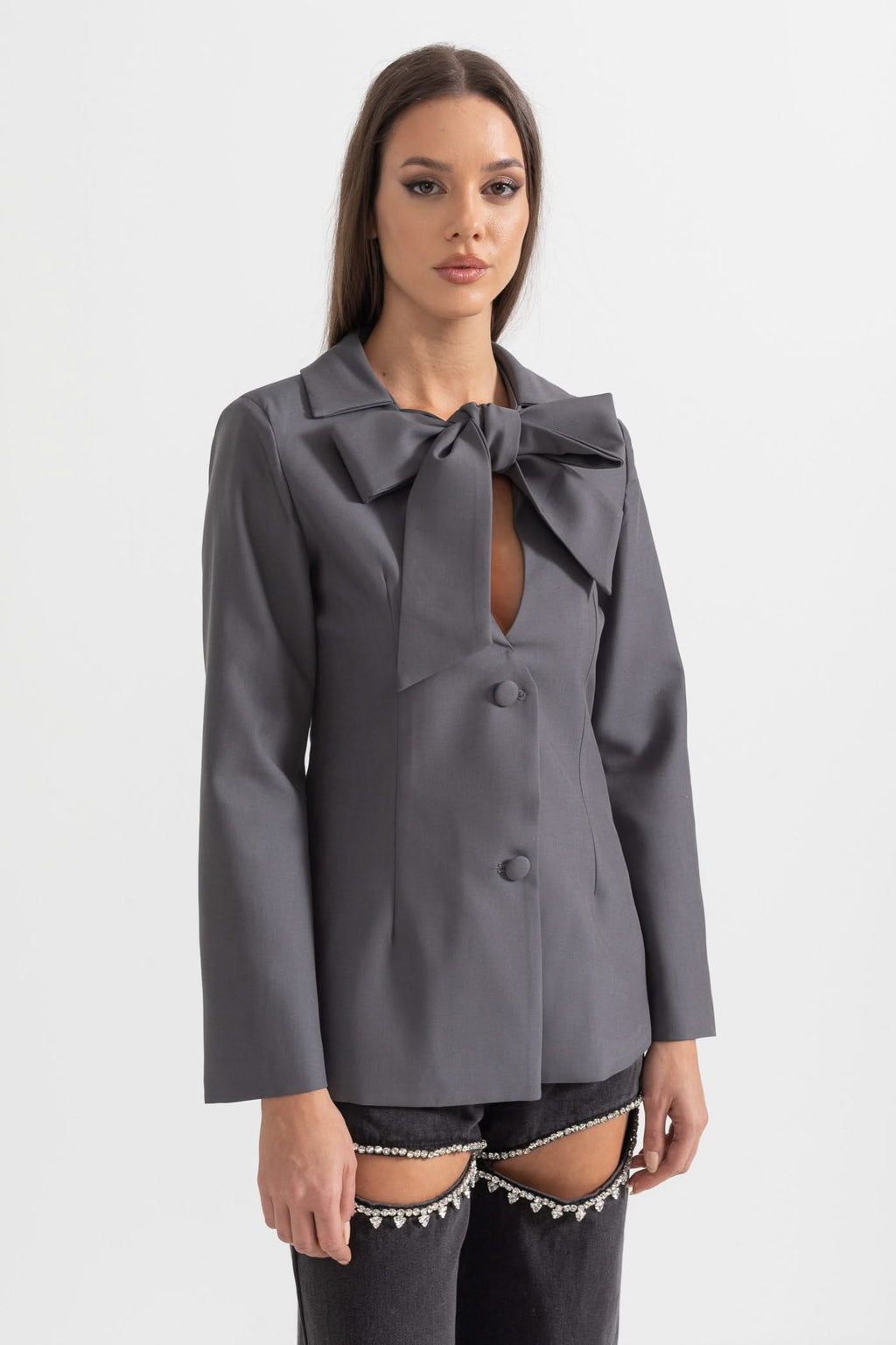 Yaka Fiyonklu Özel Dikim Blazer - Gri