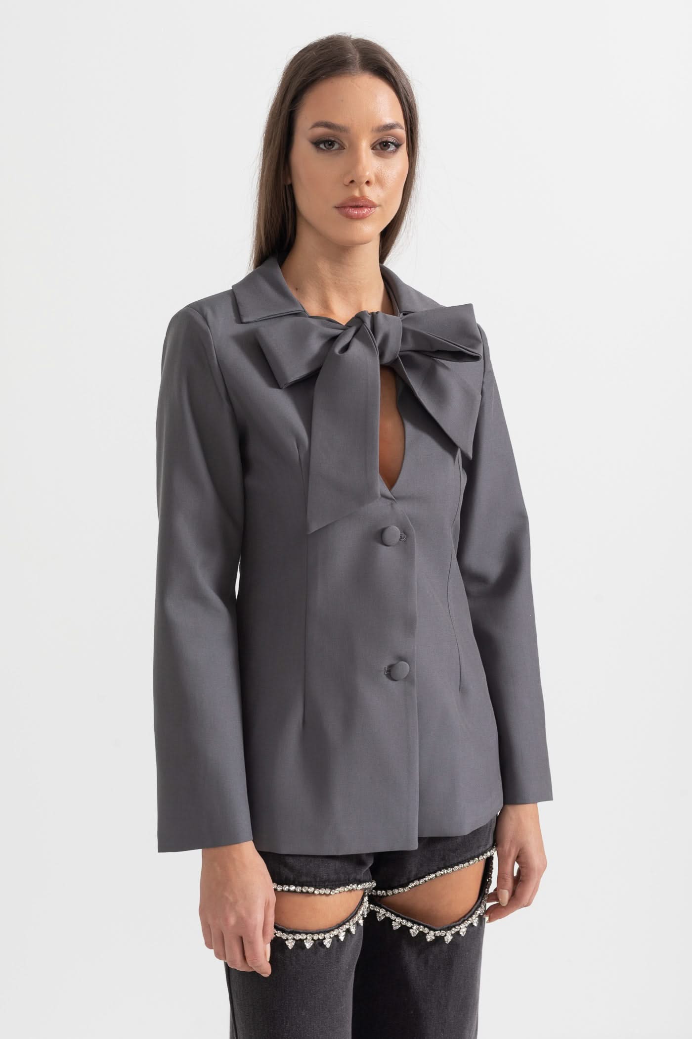 Yaka Fiyonklu Özel Dikim Blazer - Gri