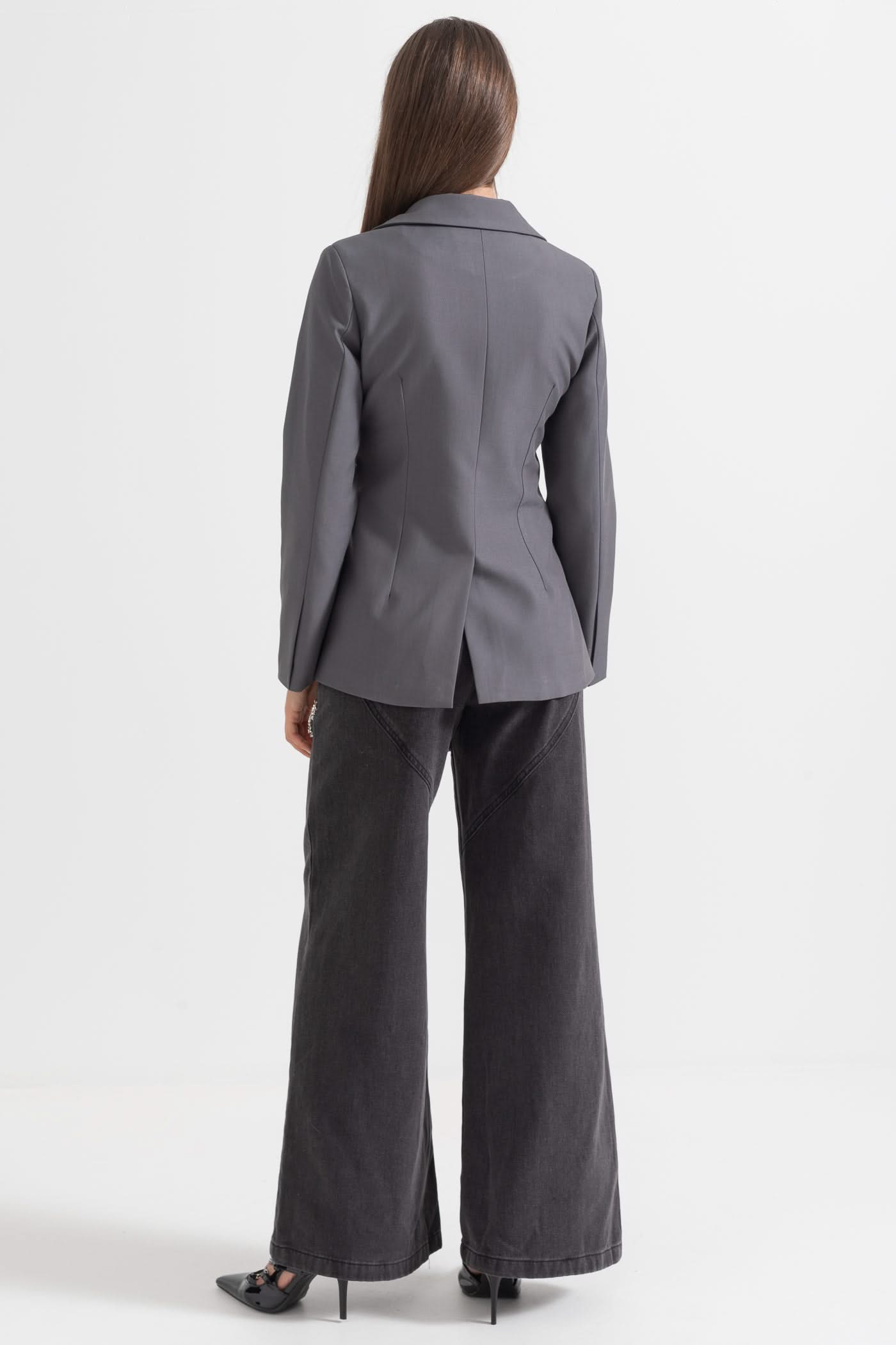 Yaka Fiyonklu Özel Dikim Blazer - Gri