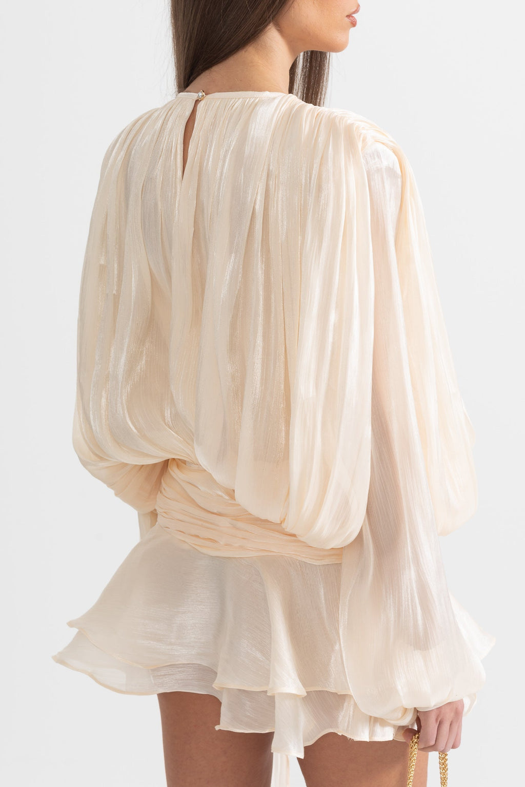 Fırfırlı Uzun Kollu Mini Elbise - Kayısı Rengi