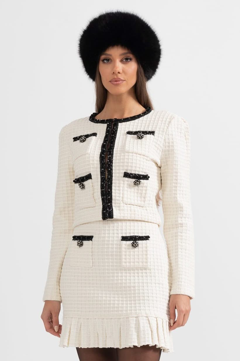 Siyah Detaylara Sahip Tweed Takım - Fildişi