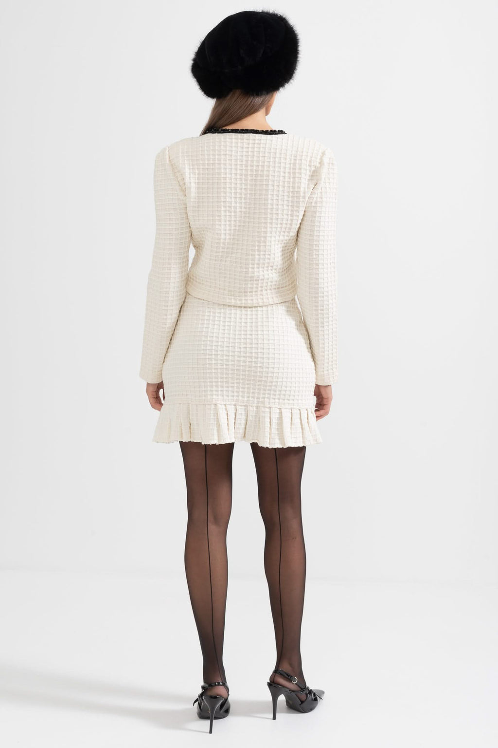 Siyah Detaylara Sahip Tweed Takım - Fildişi