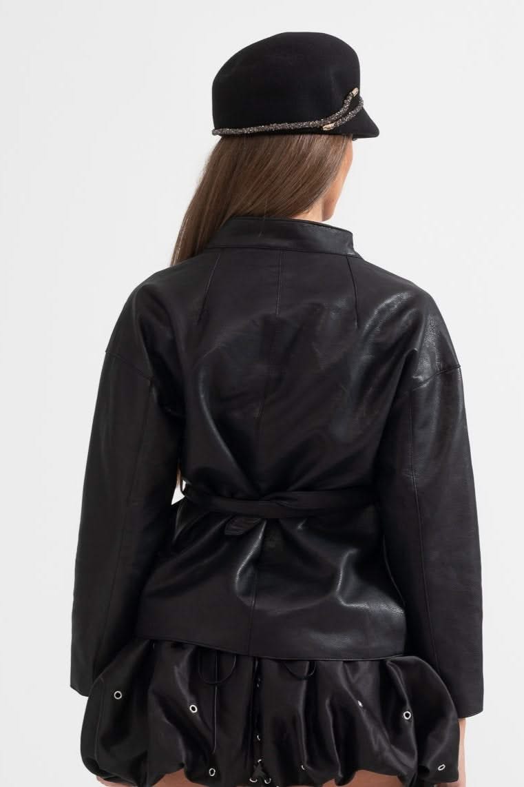 Ayarlanabilir Bel Kemerli Vegan Deri Ceket - Siyah