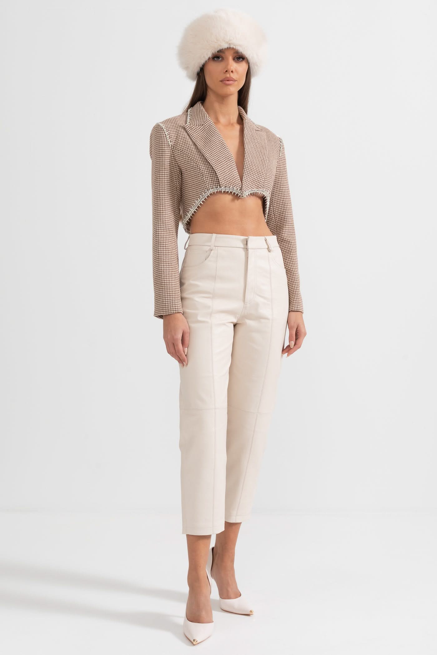 Dekoratif Dikişli Deri Düz Paça Pantolon - Beyaz