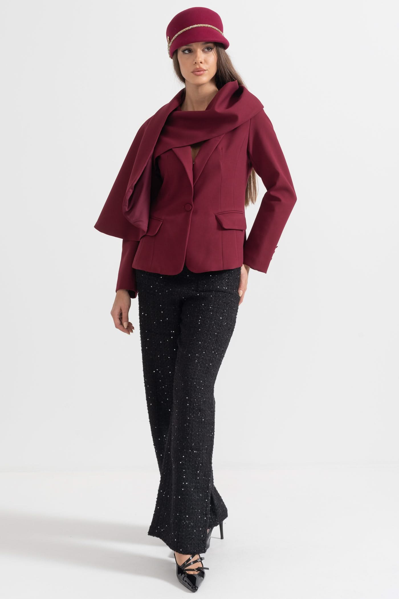 Asimetrik Drapeli Eşarplı Modern Blazer - Bordo