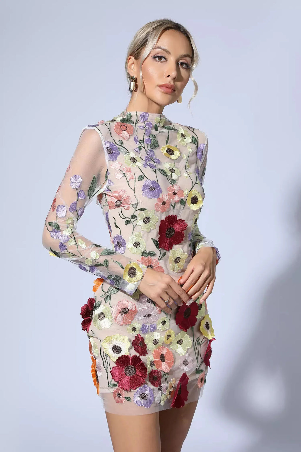 Danna Flesh Beyaz Çiçek Nakışlı Mini Elbise