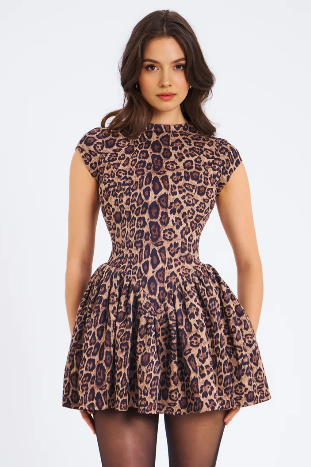 Mini Leopar Desenli Kloş Elbise – Kahverengi