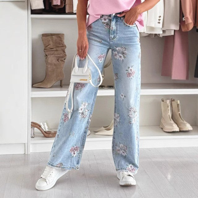 Çiçek Desenli Orta Bel Kot Pantolon