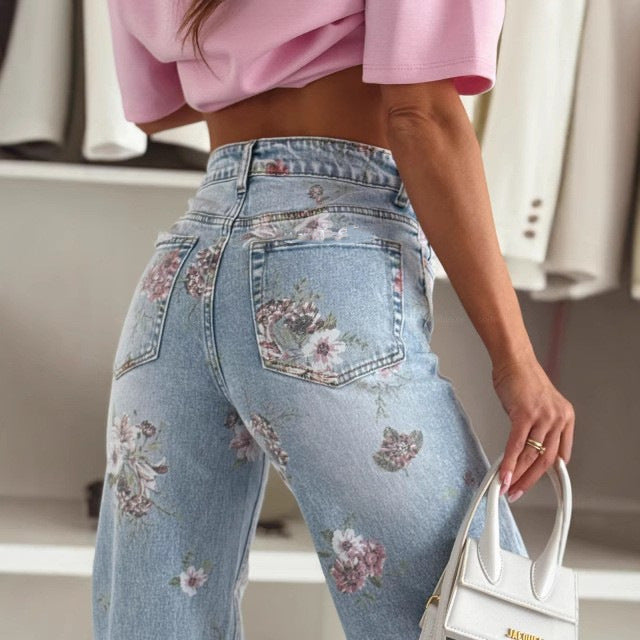 Çiçek Desenli Orta Bel Kot Pantolon