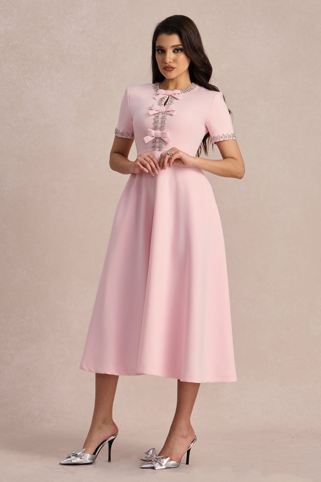 Zoe Fiyonklu Kristal Süslemeli Midi Elbise