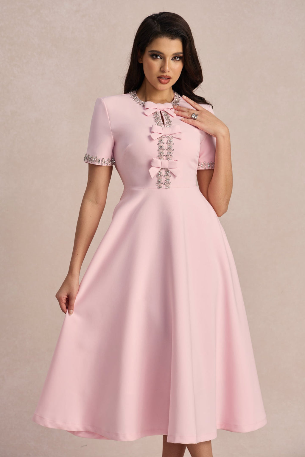 Zoe Fiyonklu Kristal Süslemeli Midi Elbise