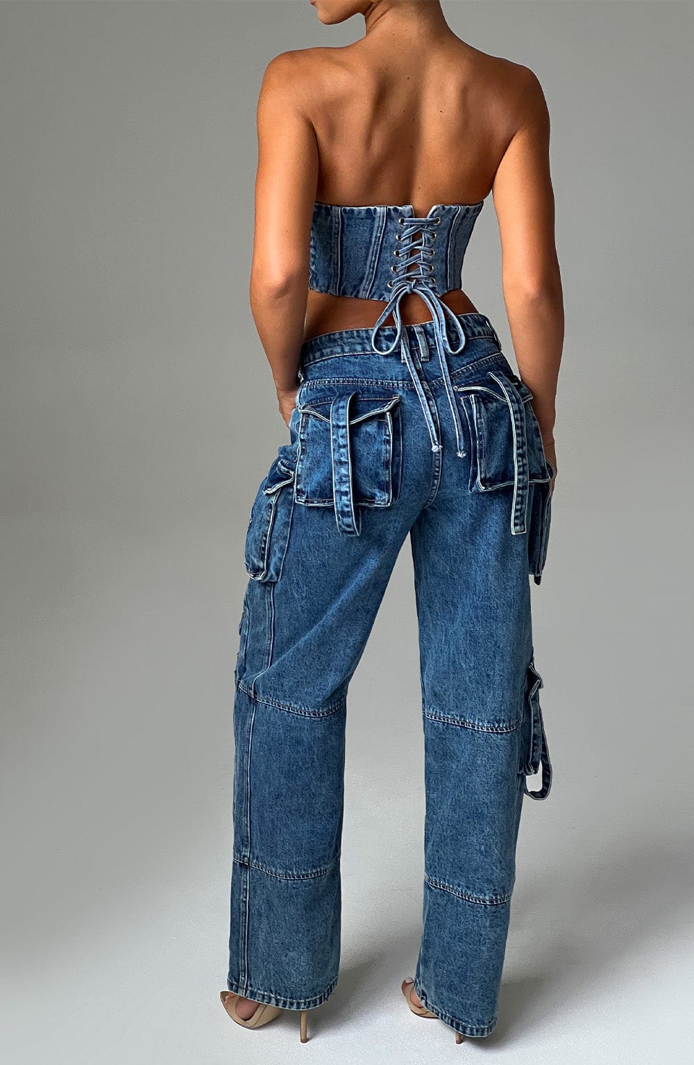 İnce Bağcıklı Jean Korsaj Üst – Mavi