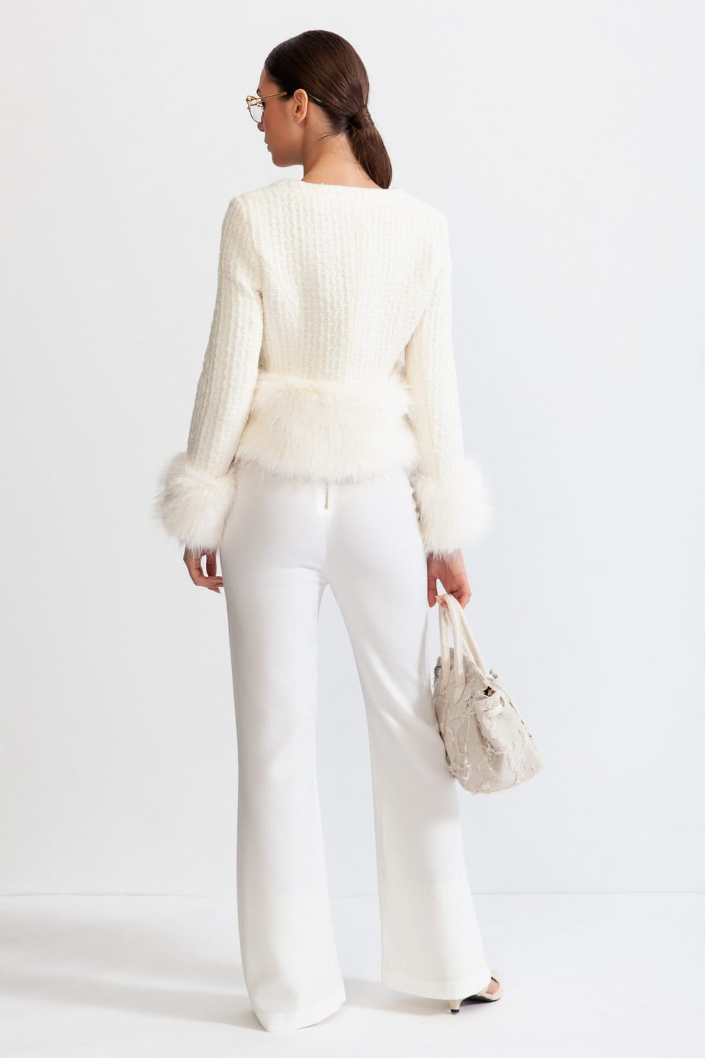 Yün Karışımlı Sahte Kürk Manto - Beyaz