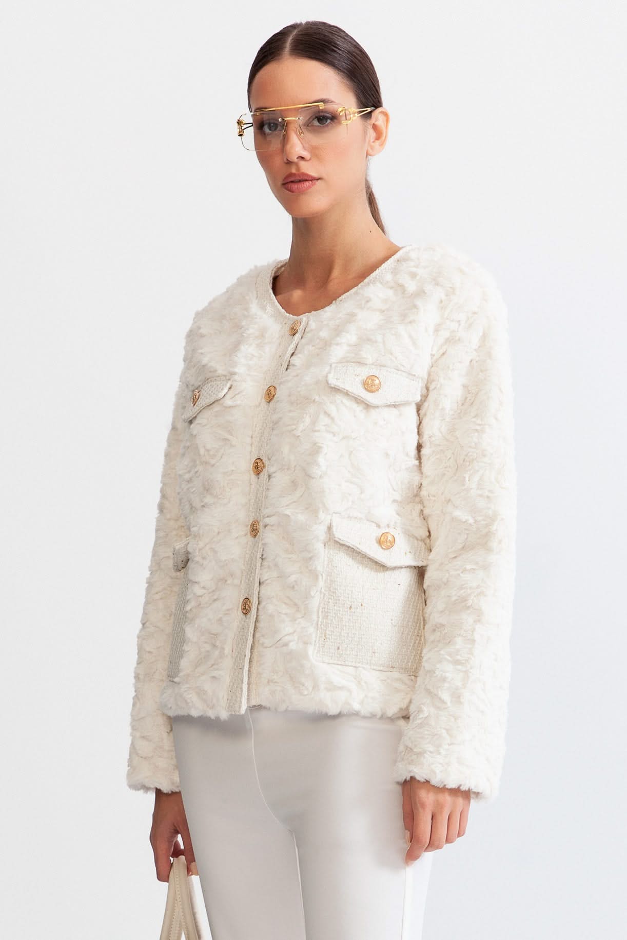 Altın Düğmeli Kabarık Ceket - Beyaz