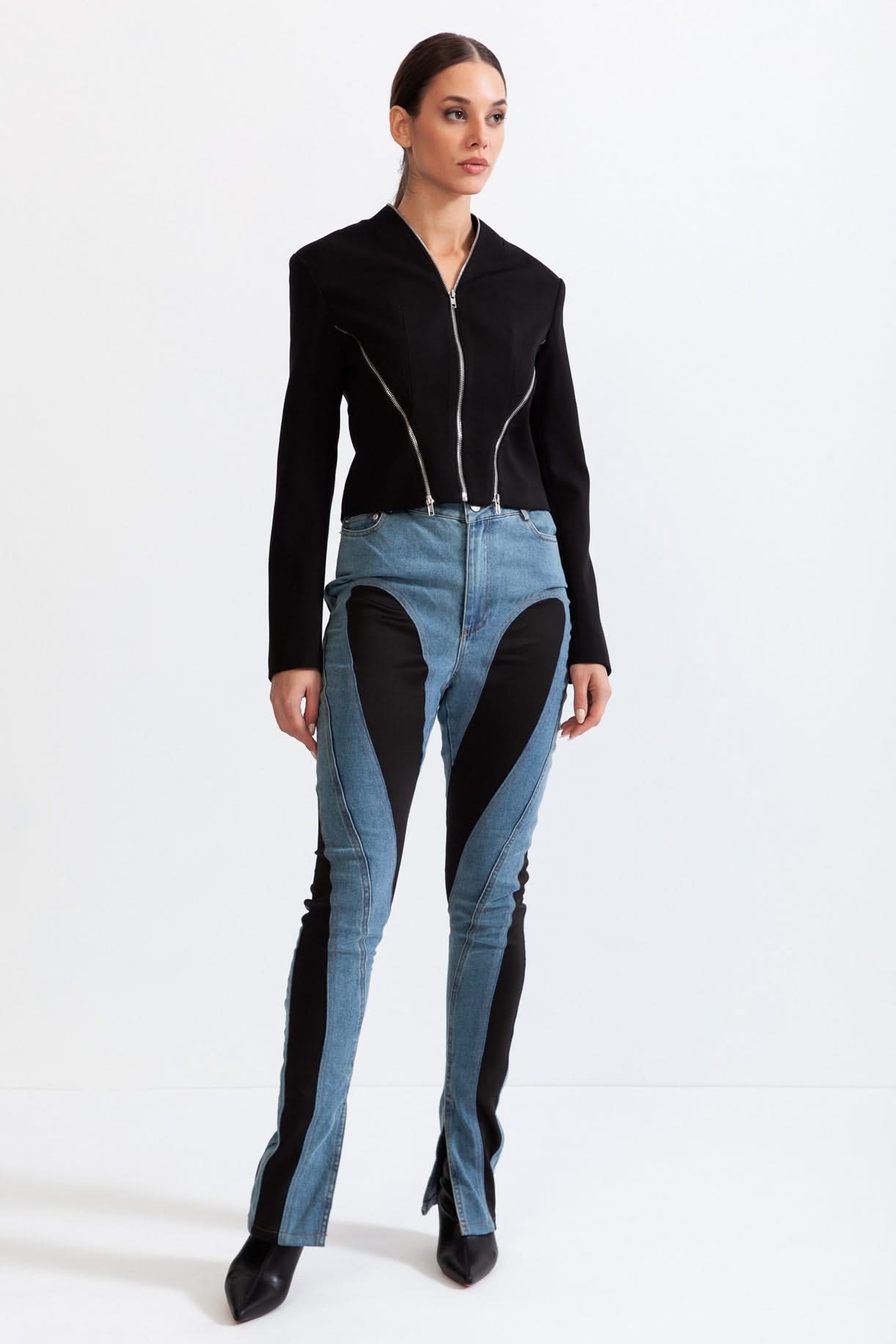 Geometrik Fermuarlı Ceket - Siyah