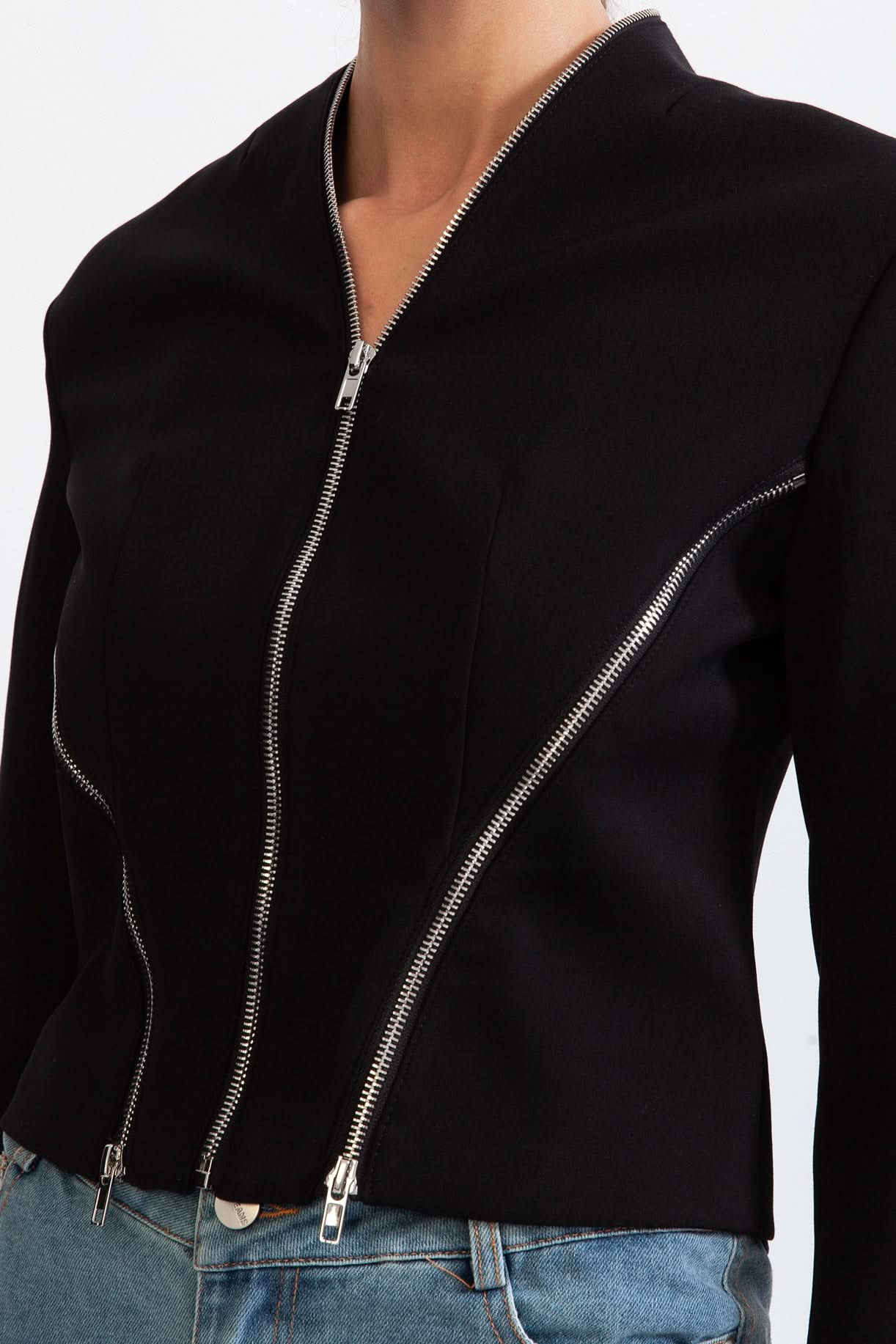 Geometrik Fermuarlı Ceket - Siyah