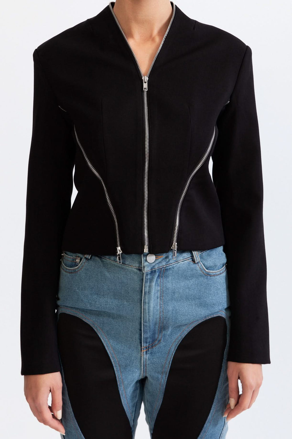 Geometrik Fermuarlı Ceket - Siyah