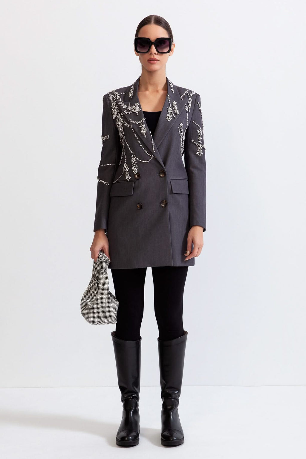 Mücevherli Çift Sıralı Uzun Blazer - Gri