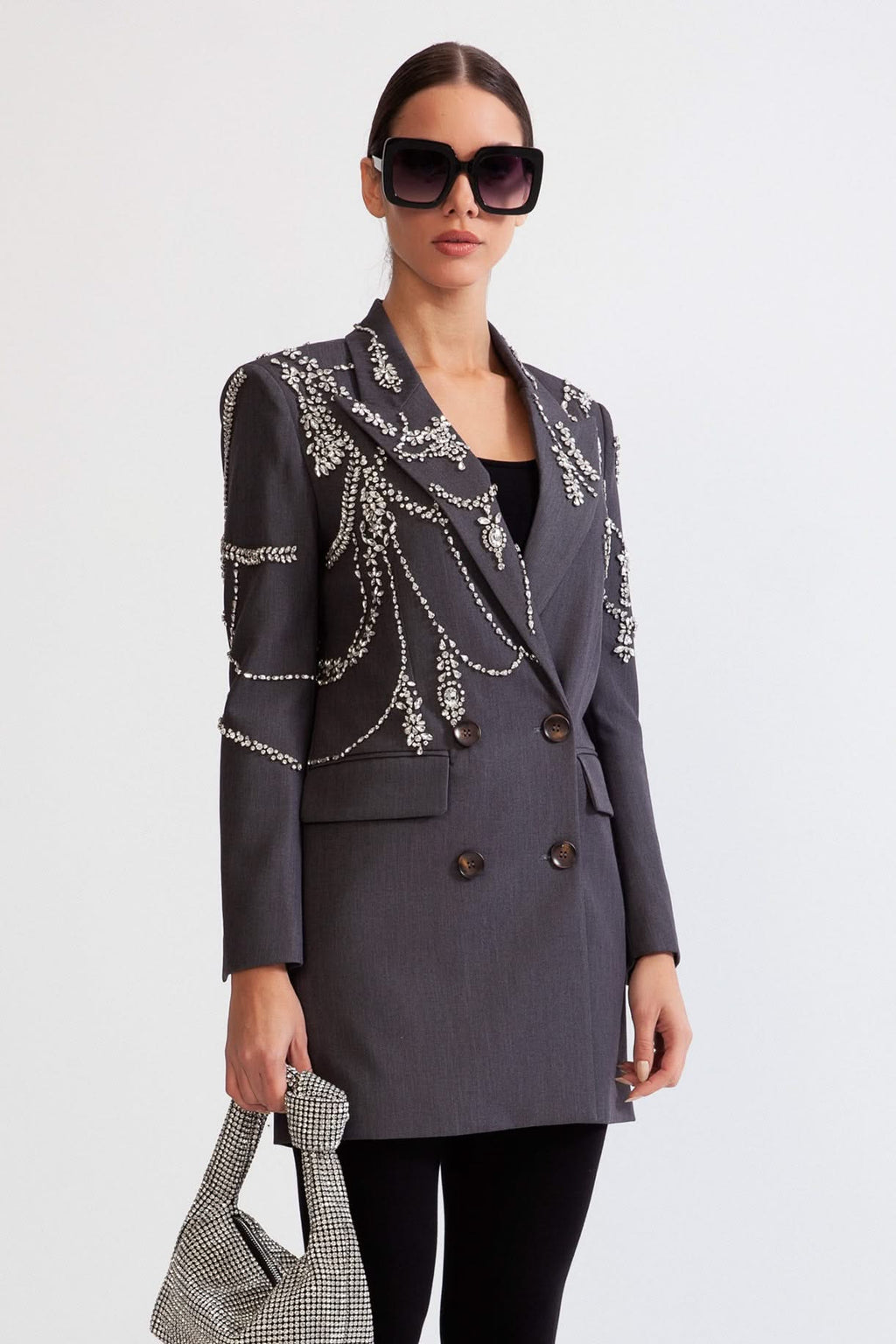 Mücevherli Çift Sıralı Uzun Blazer - Gri