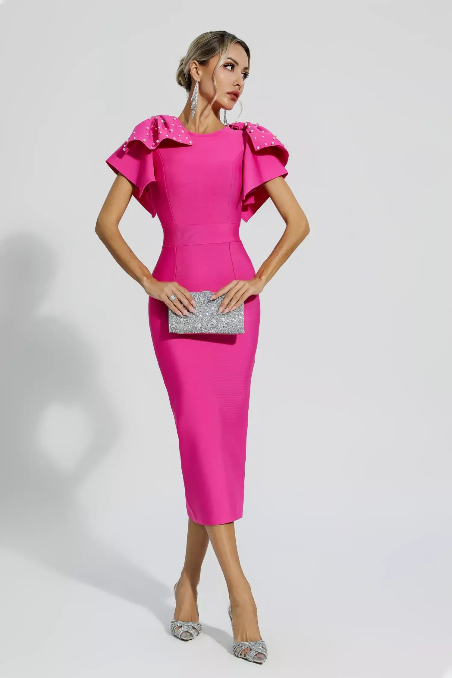 Naku Pembe Örme İşlemeli Midi Elbise