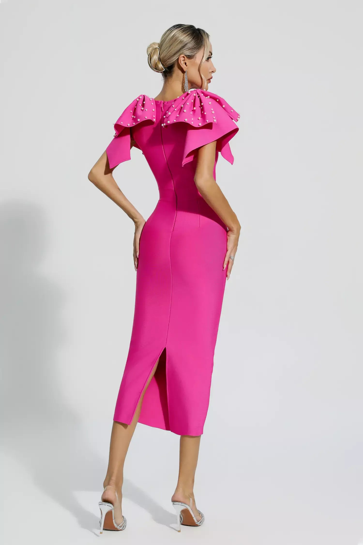 Naku Pembe Örme İşlemeli Midi Elbise