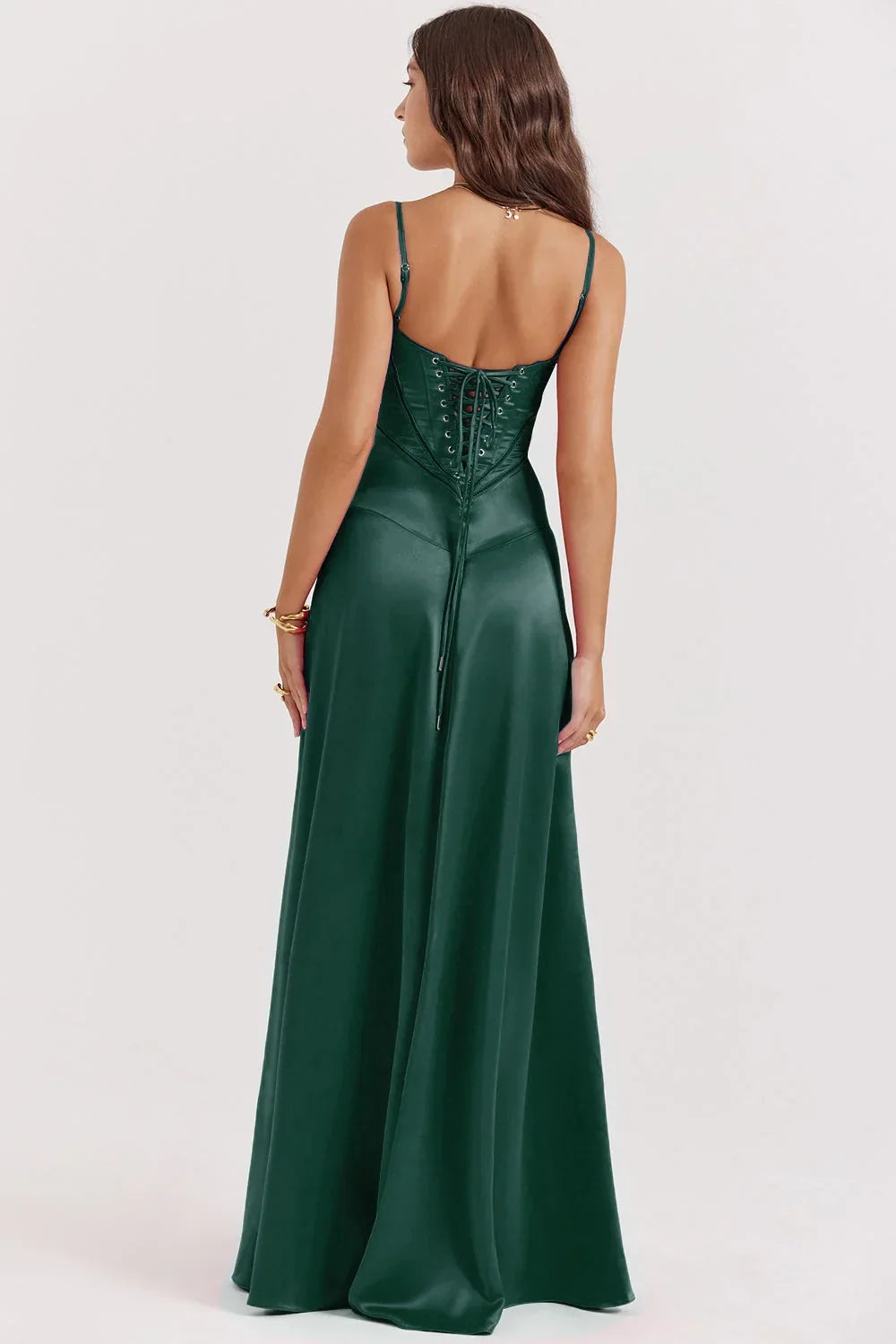 Saten Askılı V Yaka Uzun Abiye Elbise