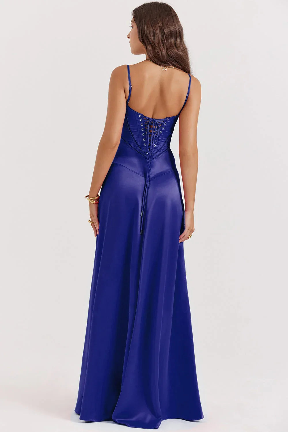 Saten Askılı V Yaka Uzun Abiye Elbise