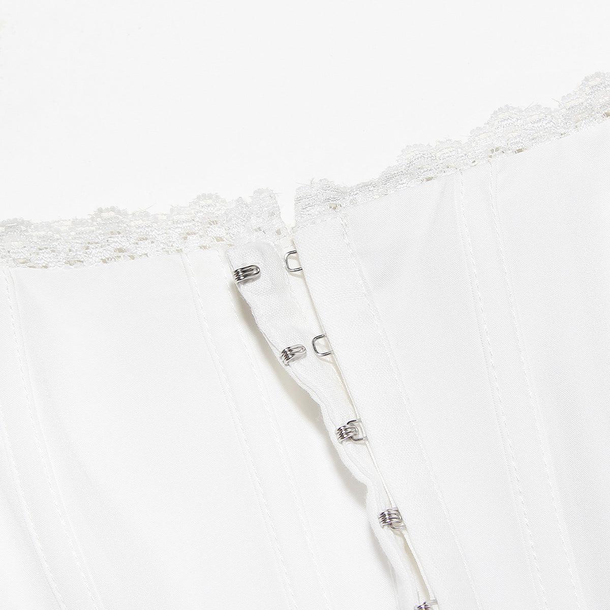 Bustier Kesim Fırfırlı Balon Kol Mini Elbise – Beyaz