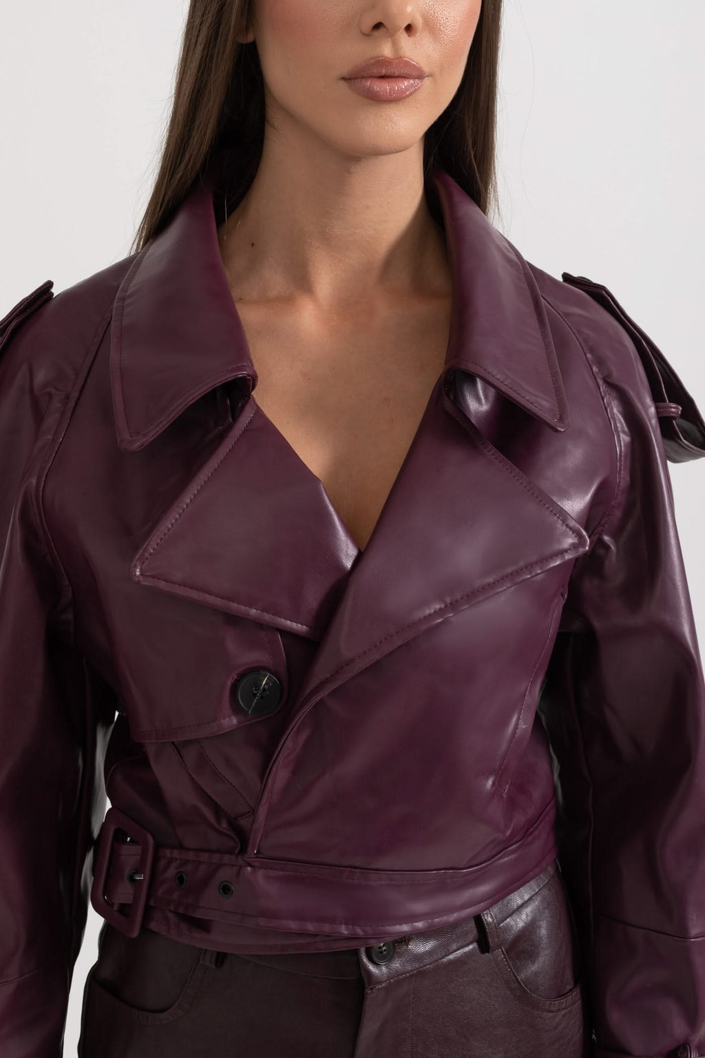 Çift Yaka Vegan Deri Ceket - Bordo