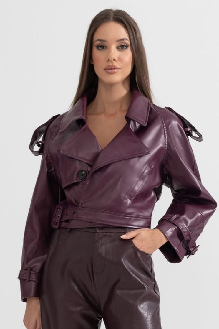 Çift Yaka Vegan Deri Ceket - Bordo
