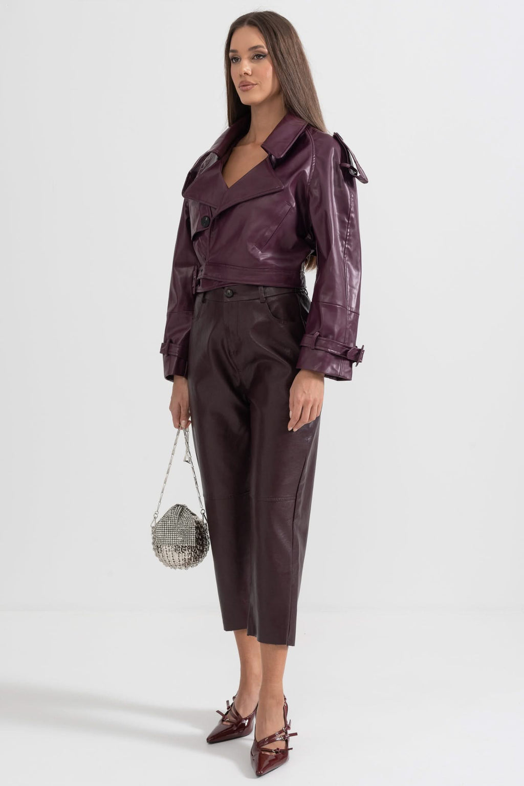 Çift Yaka Vegan Deri Ceket - Bordo