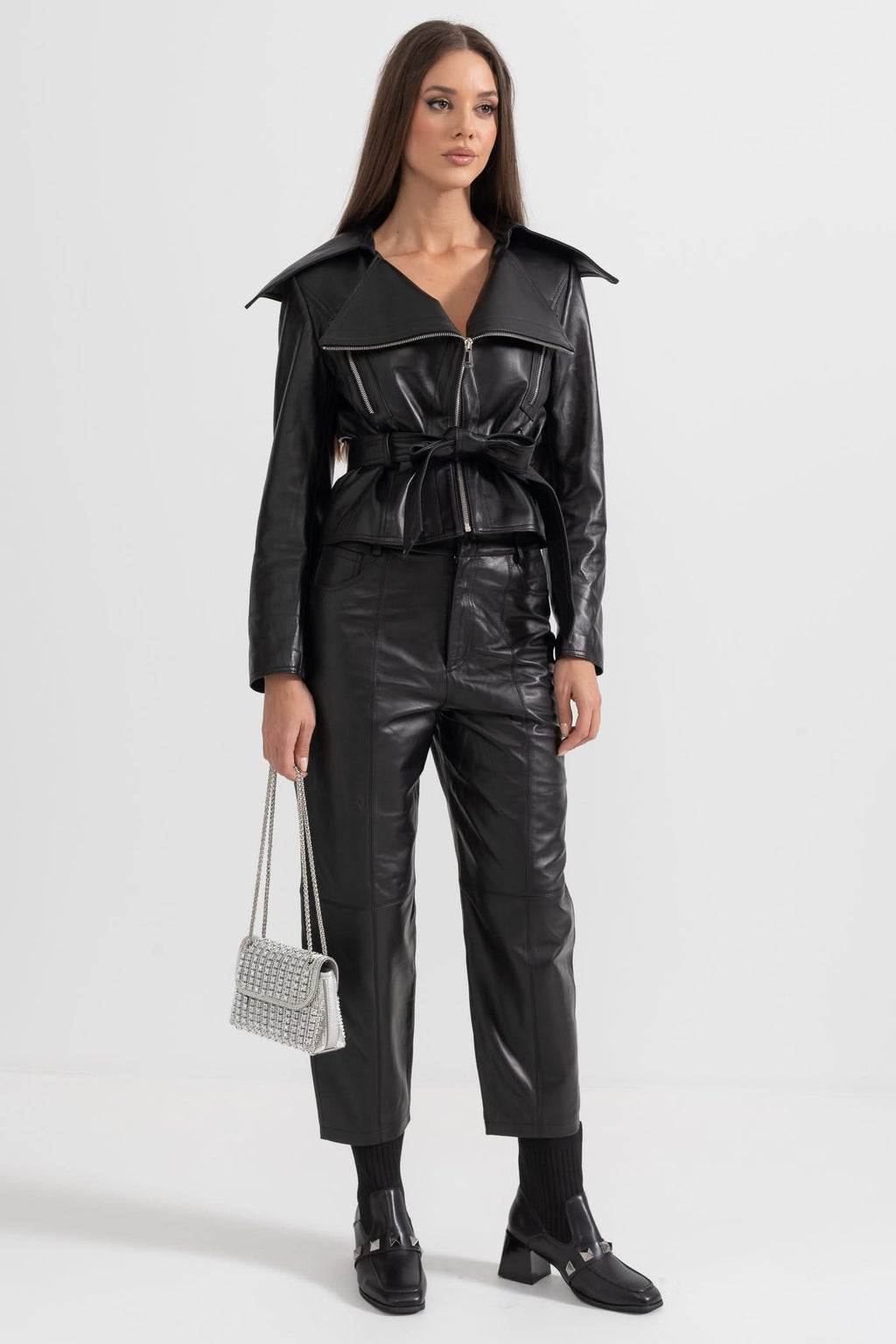 Wide Lapel Leather Jacket With Belt - Black