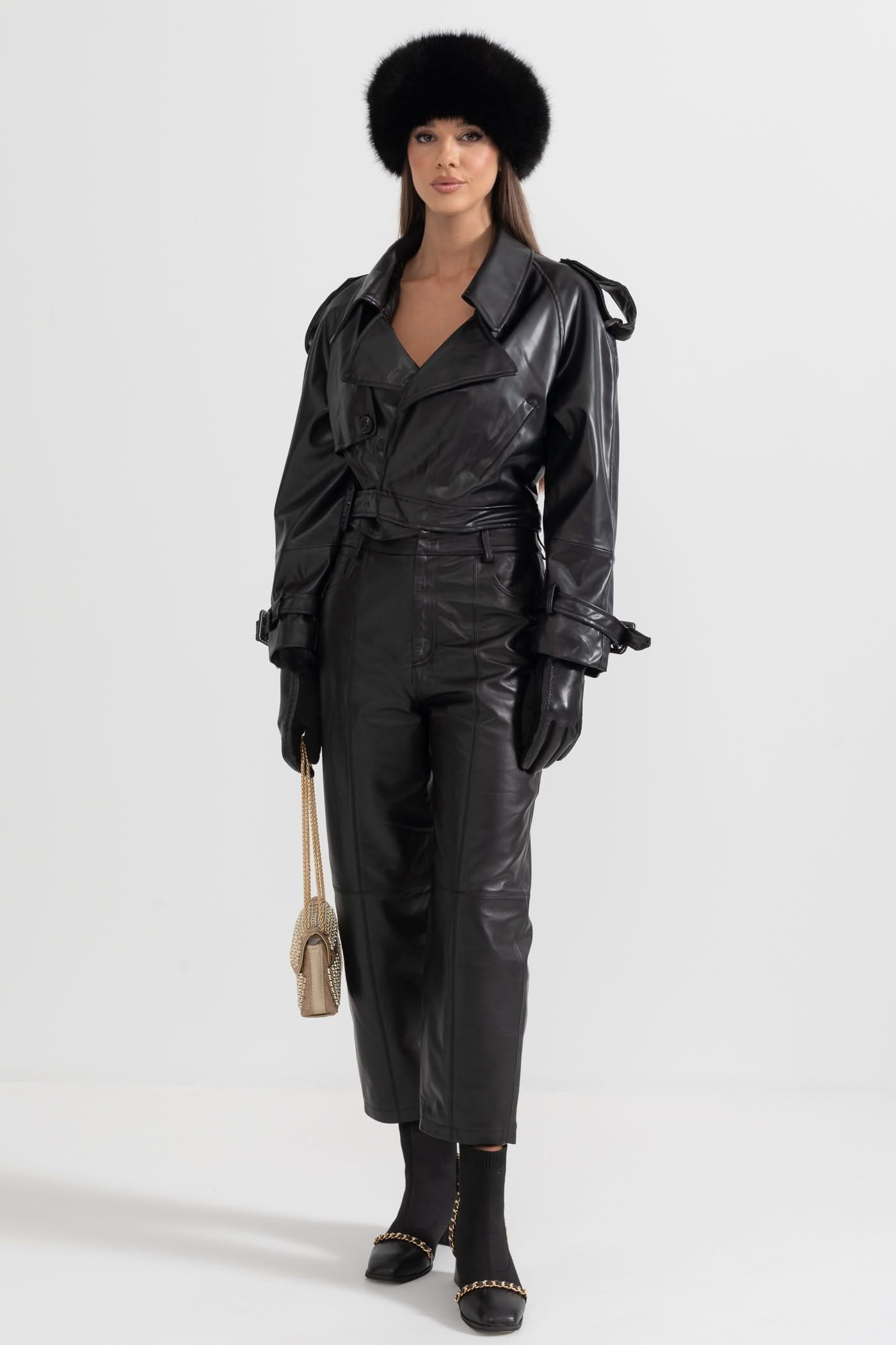 Çift Yaka Vegan Deri Ceket - Siyah