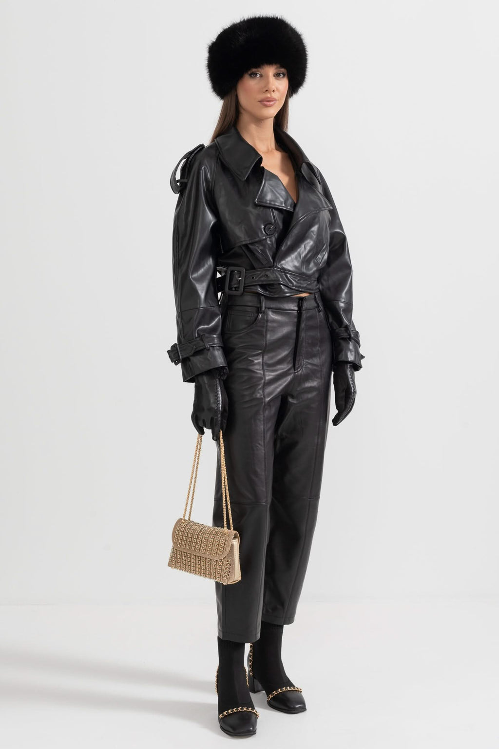 Çift Yaka Vegan Deri Ceket - Siyah