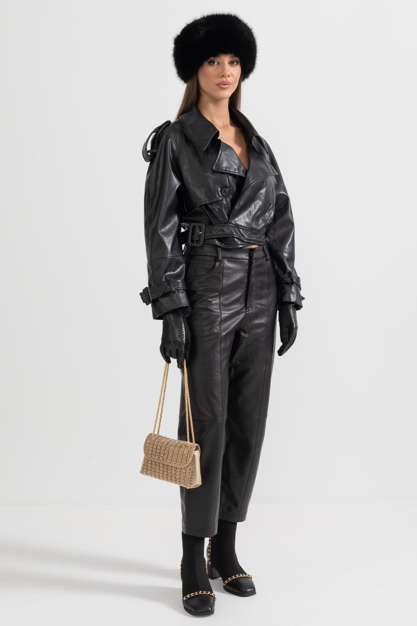 Çift Yaka Vegan Deri Ceket - Siyah