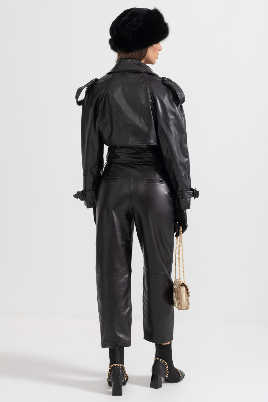 Çift Yaka Vegan Deri Ceket - Siyah