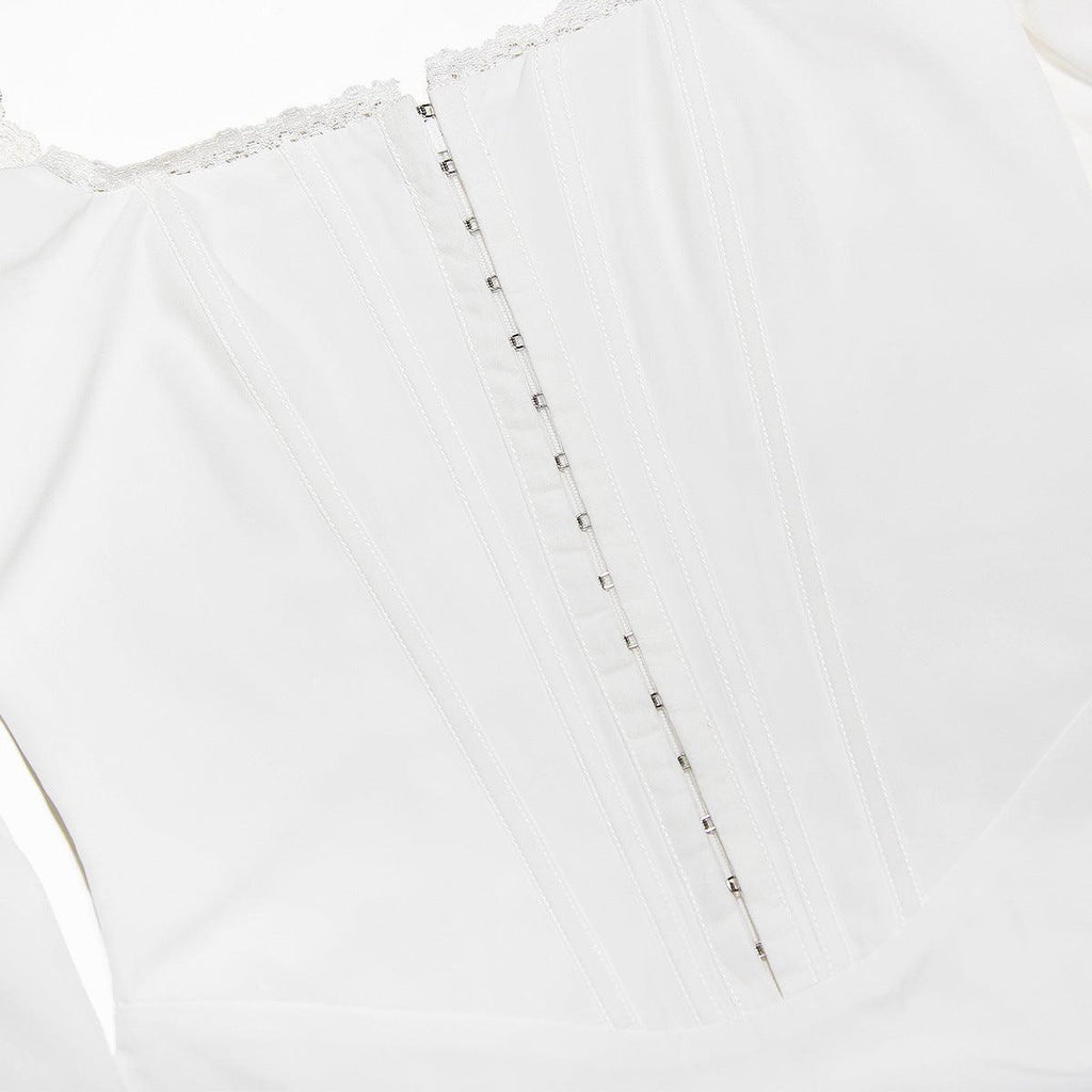 Bustier Kesim Fırfırlı Balon Kol Mini Elbise – Beyaz