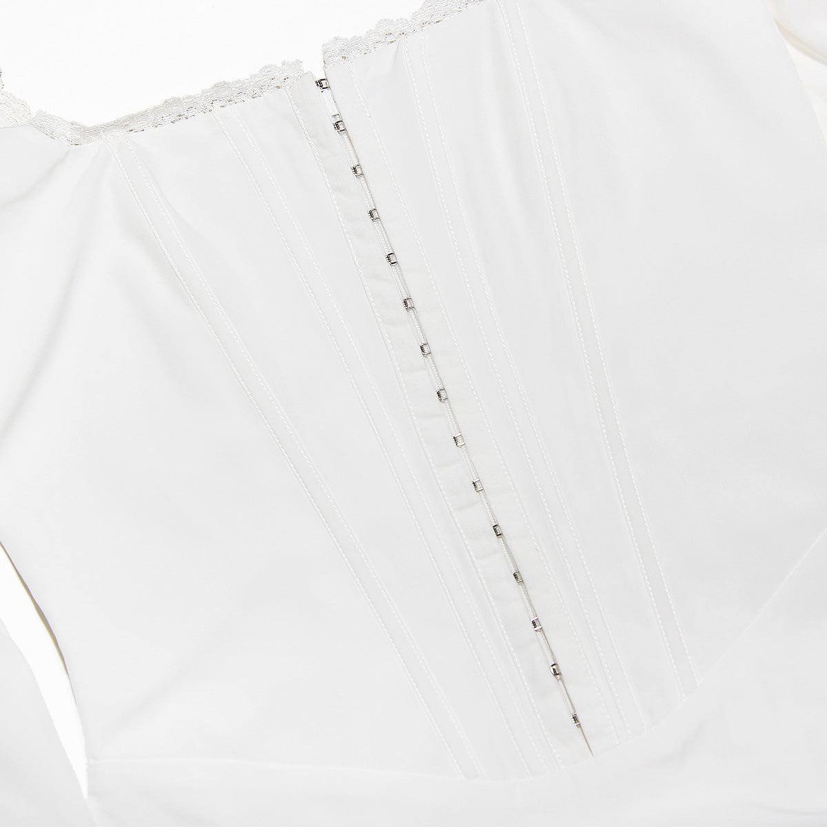 Bustier Kesim Fırfırlı Balon Kol Mini Elbise – Beyaz