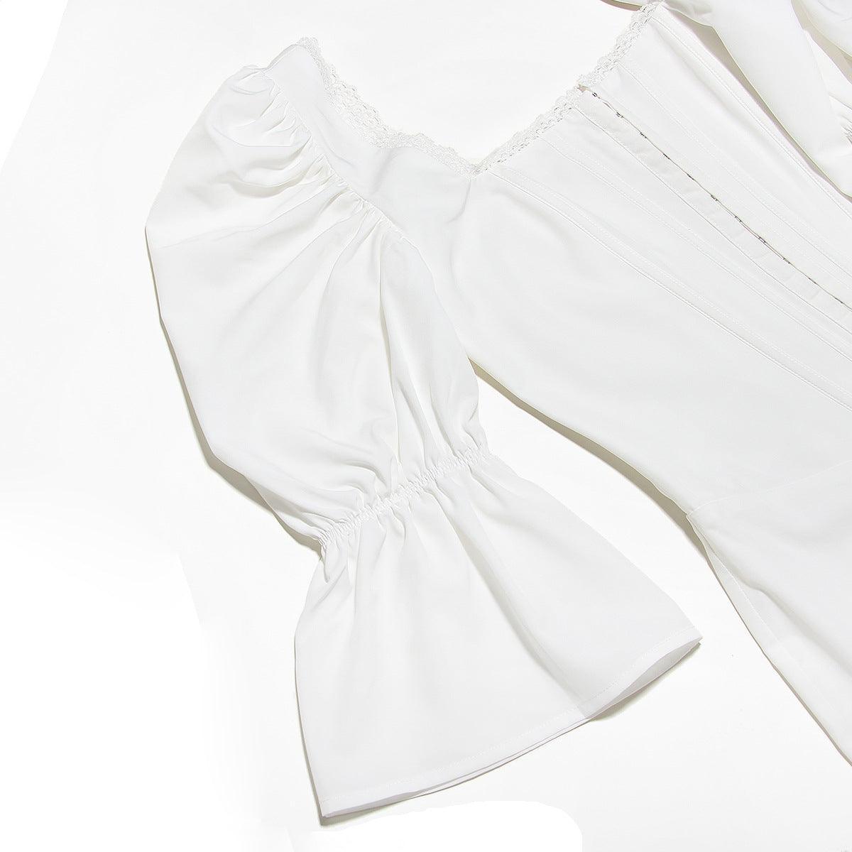 Bustier Kesim Fırfırlı Balon Kol Mini Elbise – Beyaz