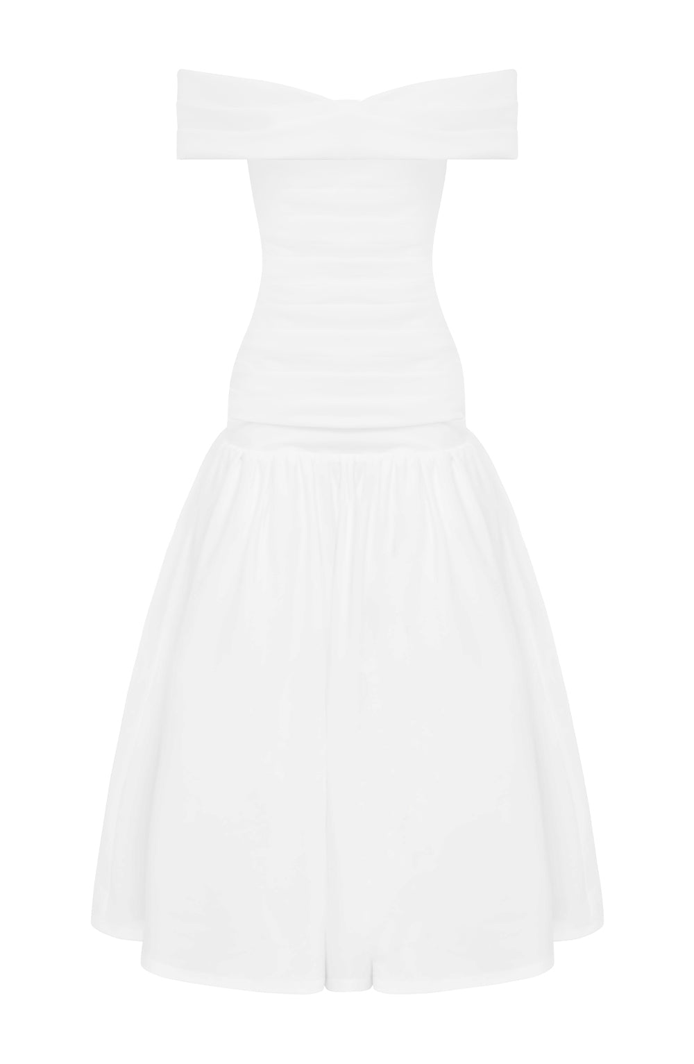 Omuzları Açık Balon Etekli Midi Elbise – Beyaz