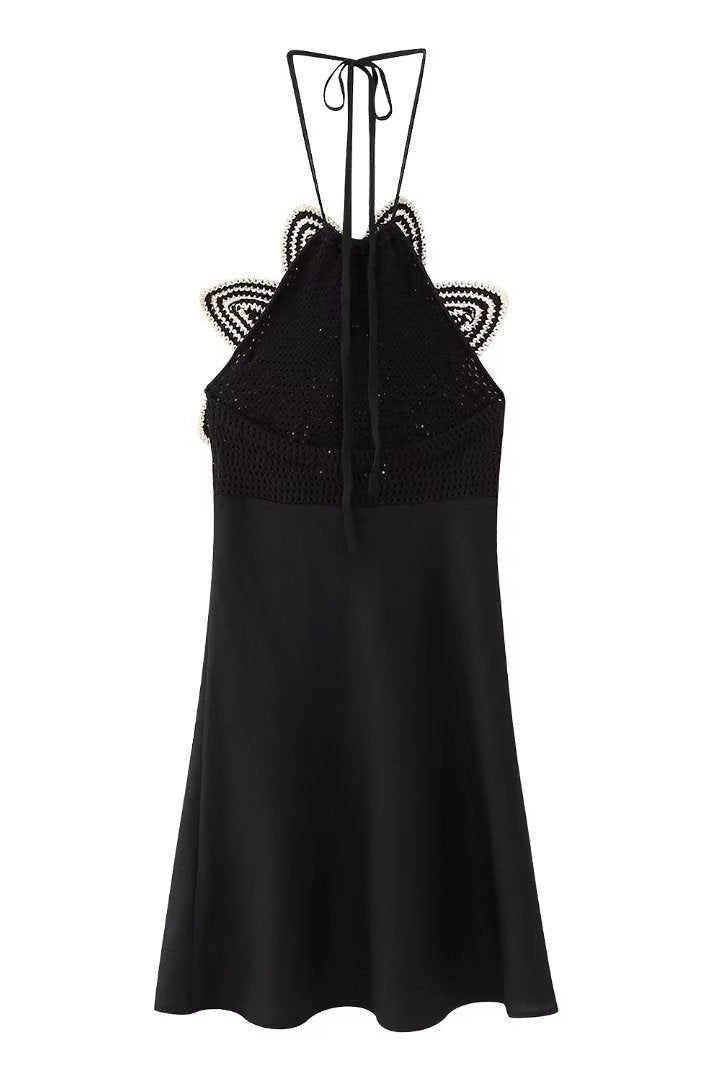 Alda Çiçek Tığ İşi Boyundan Bağlı Mini Elbise