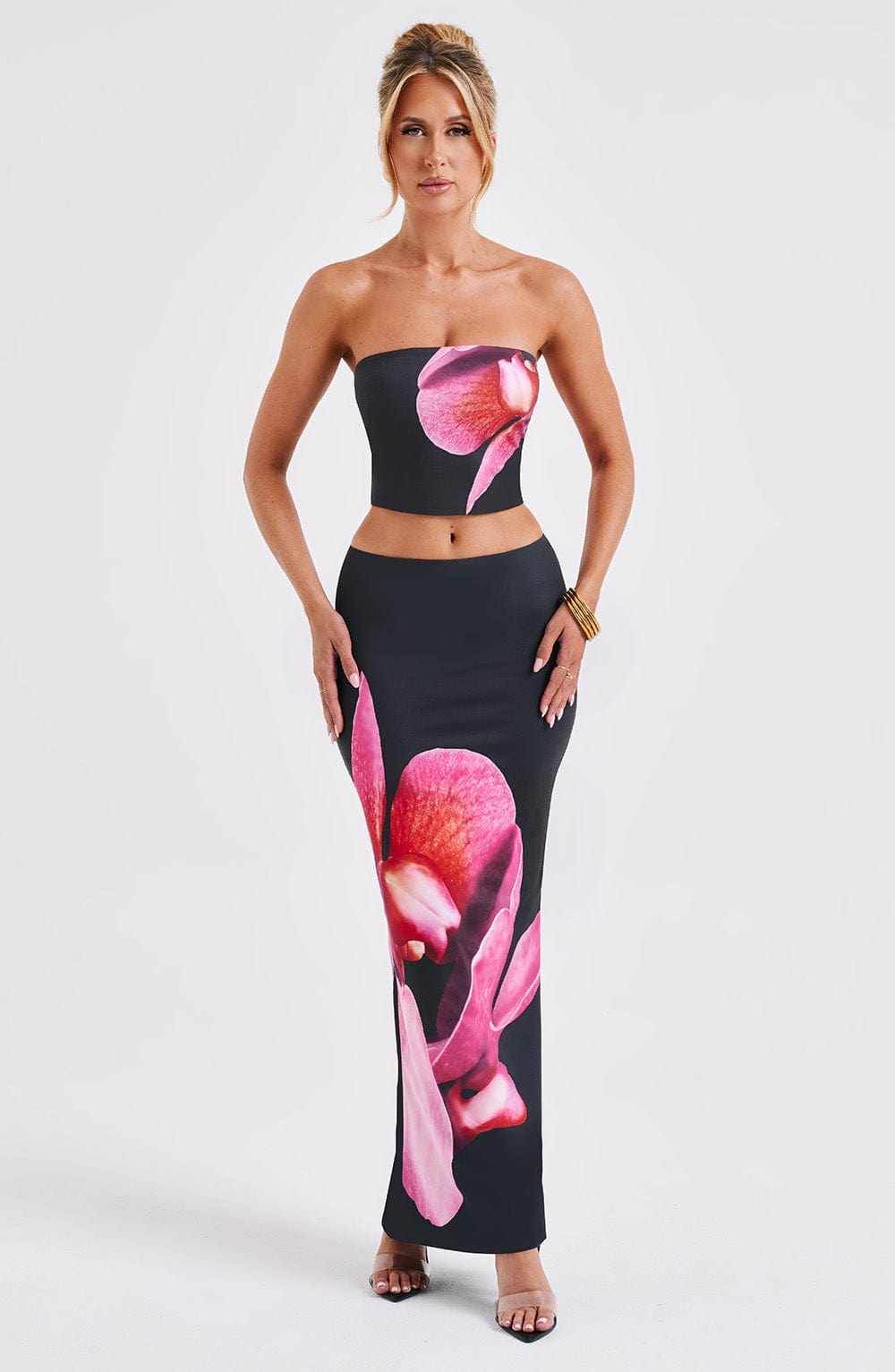 Yüksek Bel Çiçek Desenli Kalem Etek – Siyah