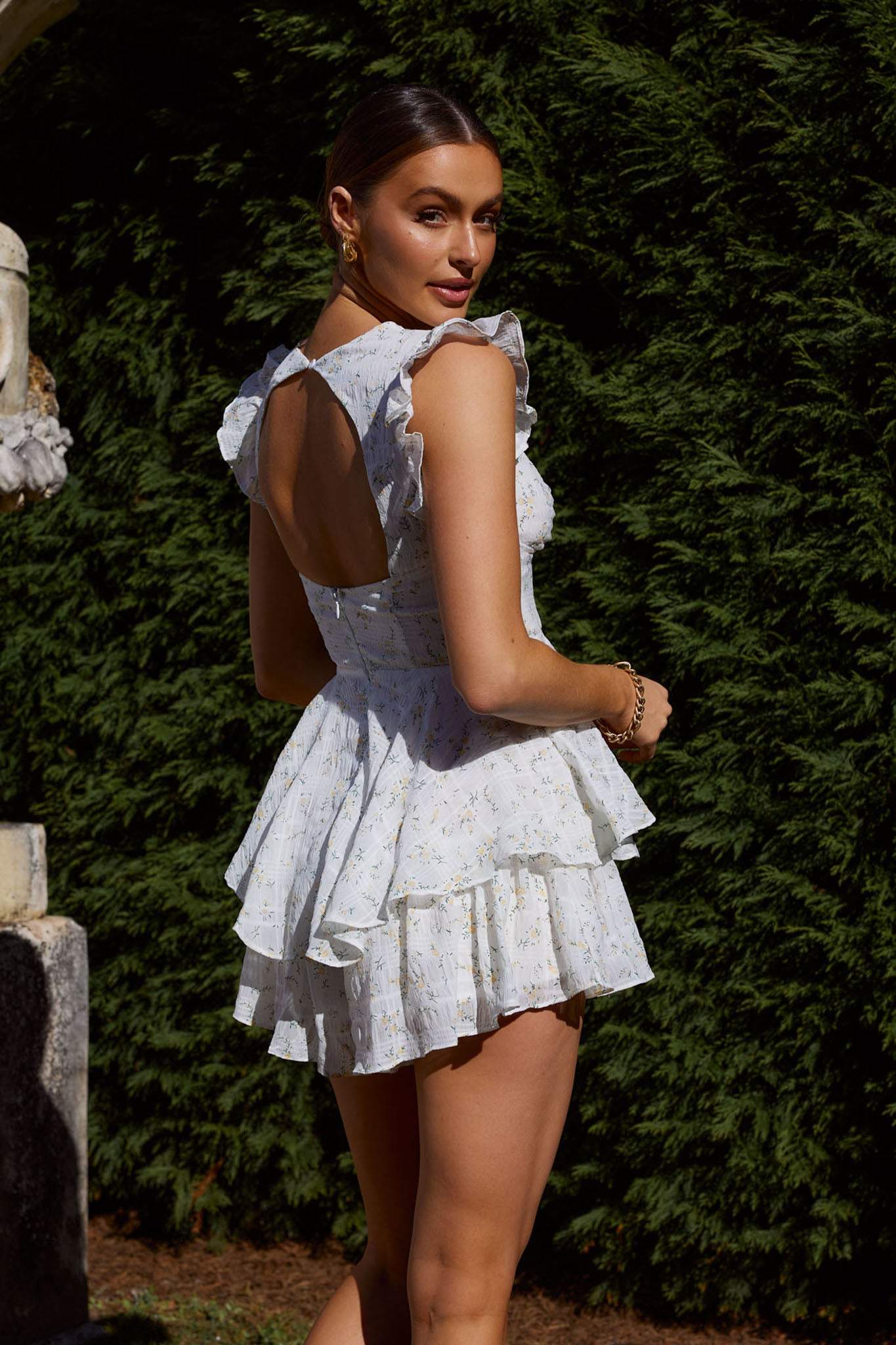 Ally Baskılı Dantelli Katlı Mini Elbise