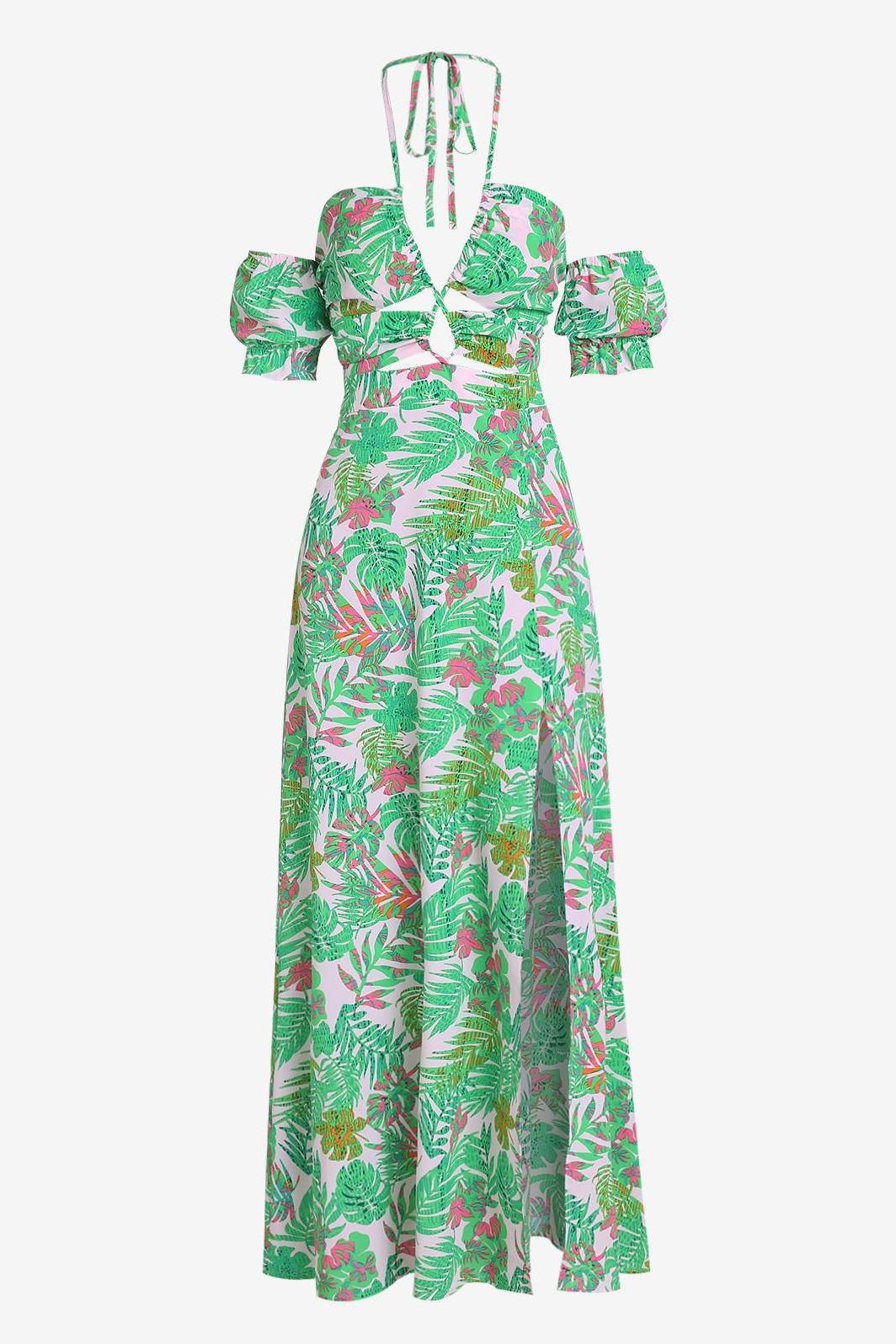 Apphia Baskılı Boyundan Bağlamalı Yırtmaçlı Midi Elbise