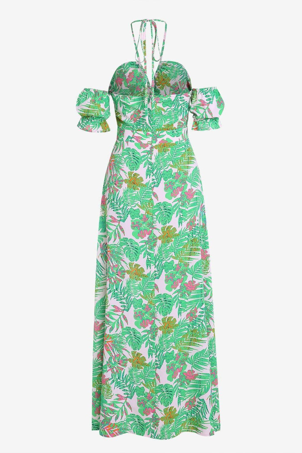 Apphia Baskılı Boyundan Bağlamalı Yırtmaçlı Midi Elbise