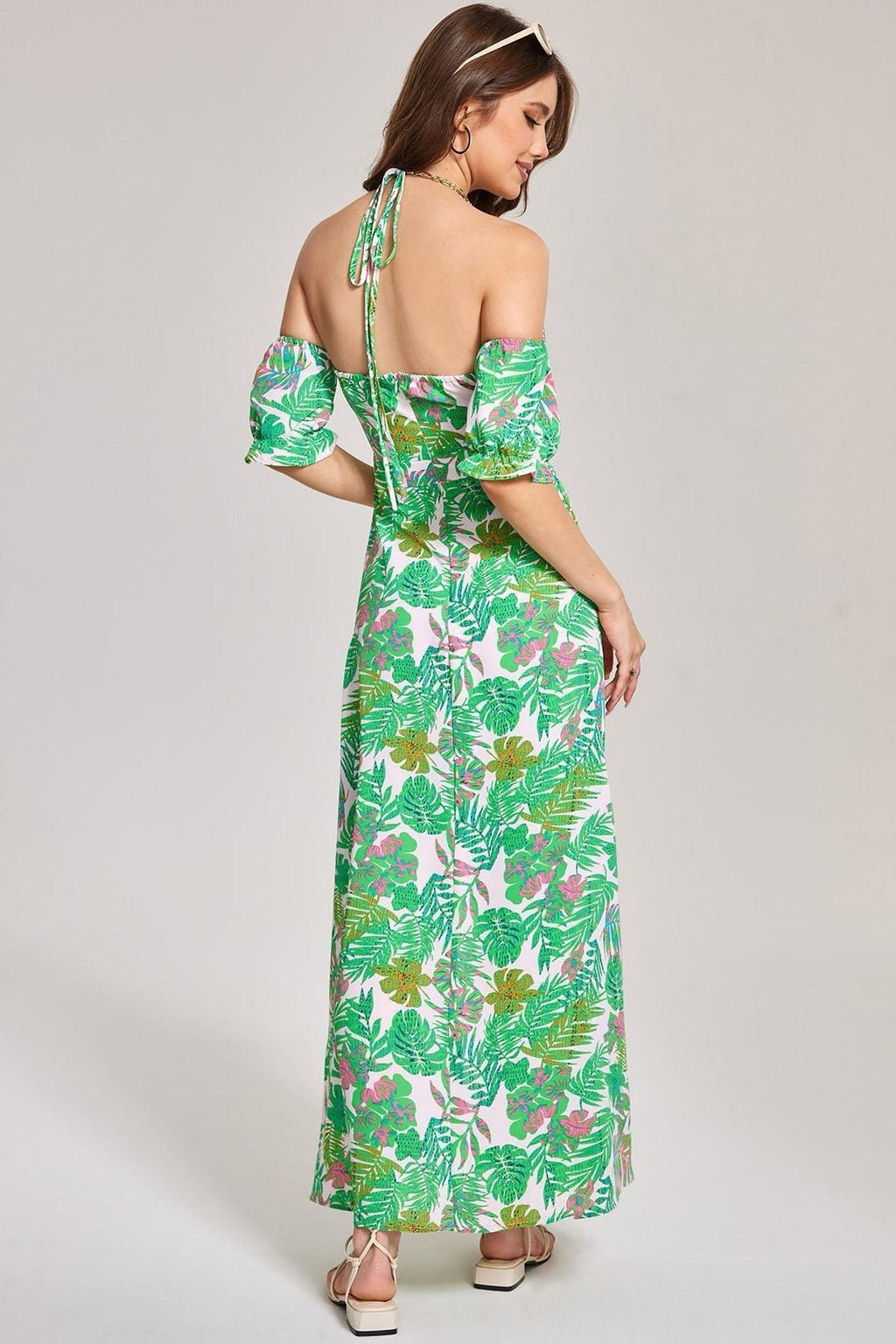 Apphia Baskılı Boyundan Bağlamalı Yırtmaçlı Midi Elbise